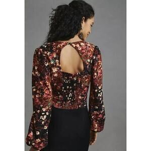 NWT by Anthropologie Balloon Sleeve Open Back V Neck Floral Top Tie Belt XXS